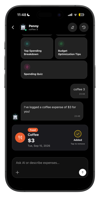 AI chat logging an expense from a sentence