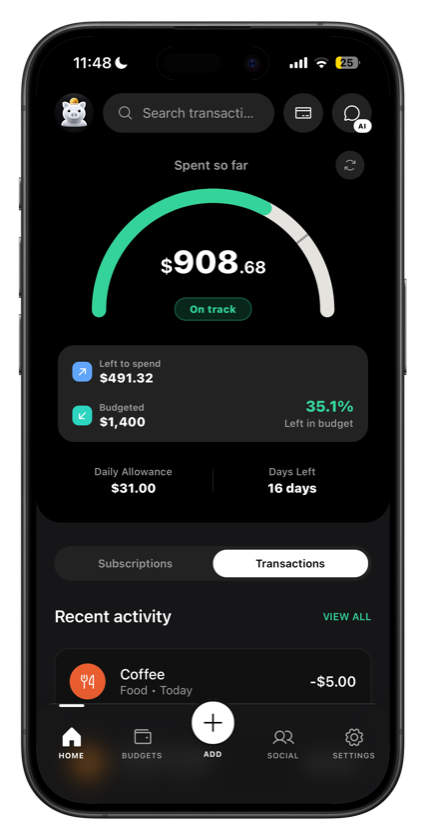 Home screen showing spent so far and left to spend