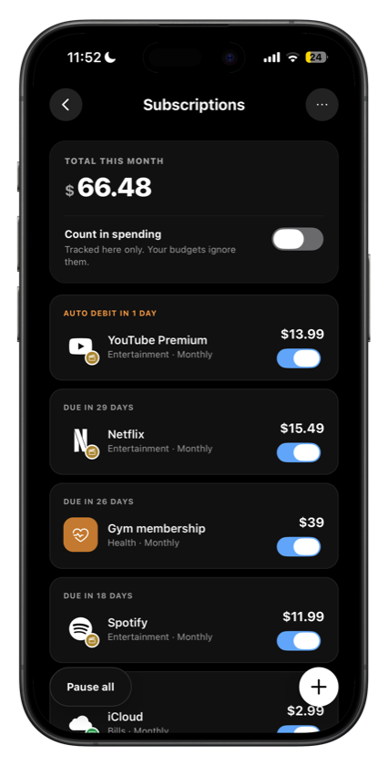 Subscriptions list with renewal dates